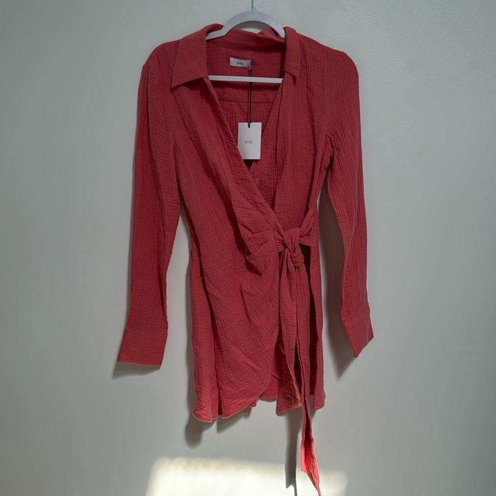 Onia oversized shirt wrap in spiced coral